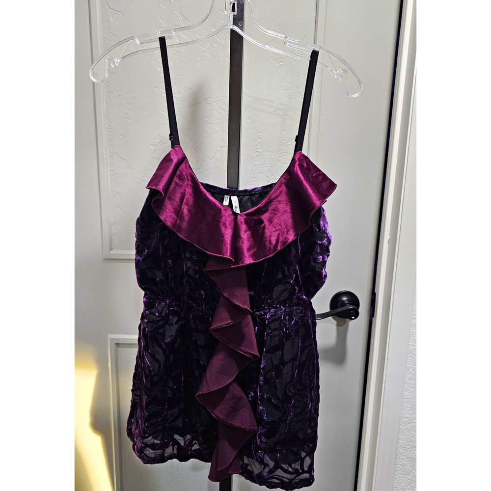 Studio Y Womens L Purple Black Velvet Floral Ruffle Front Spaghetti Strap Cami